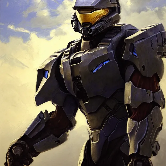 Image similar to Robert Downey Jr wearing Forerunner armor from Halo, countryside, calm, fantasy character portrait, dynamic pose, above view, sunny day, thunder clouds in the sky, artwork by Jeremy Lipkin and Giuseppe Dangelico Pino and Michael Garmash and Rob Rey and Greg Manchess and Huang Guangjian, very coherent asymmetrical artwork, sharp edges, perfect face, simple form, 100mm