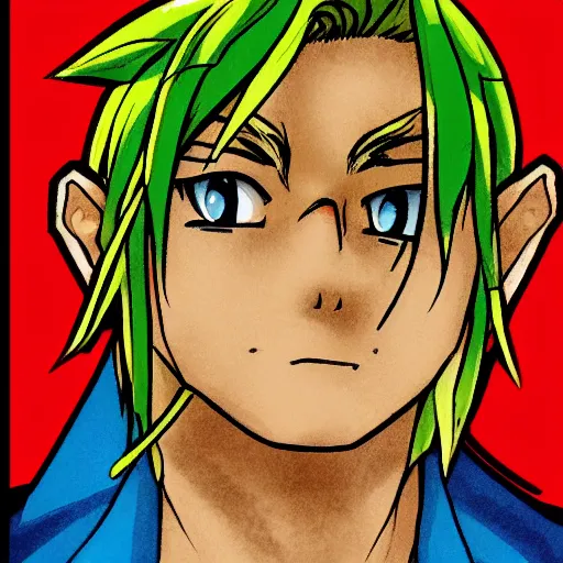 Prompt: portrait of Link in a colored manga, colored manga art style .