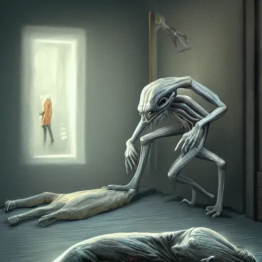 Image similar to A gangly humanoid monster running towards a person sleeping in a bed, trending on Artstation, Digital Painting, Insanely Detailed, Award Winning