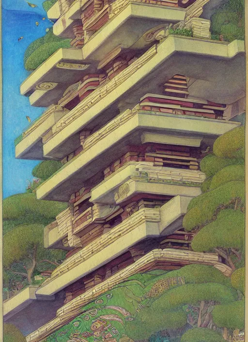 Image similar to a beautiful Frank Lloyd Wright painting of a serene neo-andean architecture with curly tall windows, spherical balconies, tiny human figures climbing, by Ivan Bilibin, geometric