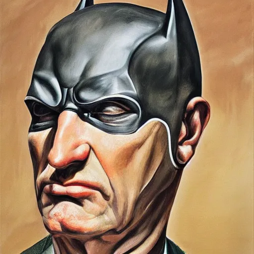 Image similar to high quality high detail painting by lucian freud, hd, portrait of batman