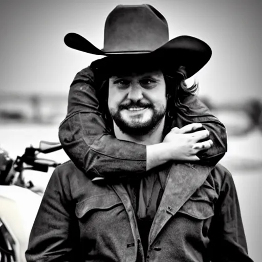 Image similar to a cute little, creature, on the shoulders of a tall, stocky man with long hair and a long trench coat and cowboy hat, next to a motorcycle