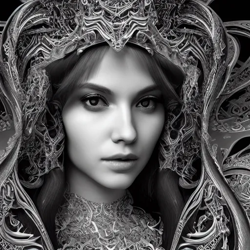 Prompt: wonderful princess of fractals, beautiful face, hyper detailed, flowing background intricate and detailed, ornate 8 k gorgeous intricate detailed, octane render,, black and white