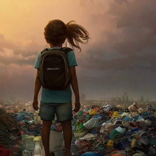 Image similar to poor detailed child with backpack standing at cars looking for food at garbage dump, destroyed cars, city is pure wasteland, moody sunset in background, greg rutkowski, alphonse mucha, trending on artstation, artgerm, unreal engine, breathtaking, award winning, highly detailed