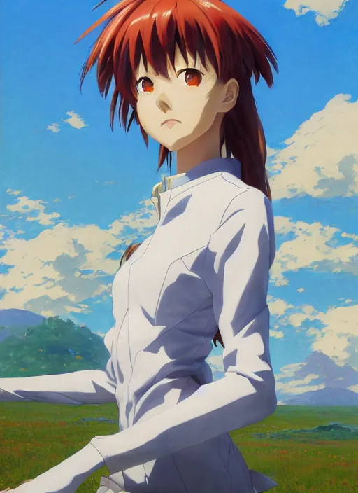 Prompt: portrait of Asuka Soryu Langley from Neon Genesis Evangelion enjoying her vacation, countryside, calm, fantasy character portrait, dynamic pose, above view, sunny day, thunder clouds in the sky, artwork by Jeremy Lipkin and Giuseppe Dangelico Pino and Michael Garmash and Rob Rey, very coherent asymmetrical artwork, sharp edges, perfect face, simple form, 100mm