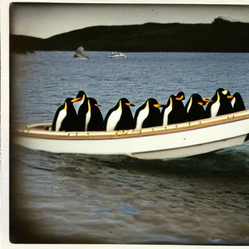 Prompt: Grainy polaroid of penguins driving a lifeboat