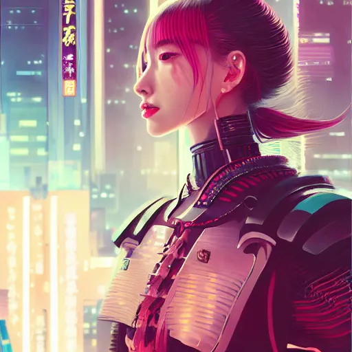 Image similar to portrait futuristic Samurai Girl, in future cyberpunk tokyo rooftop , ssci-fi, fantasy, intricate, very very beautiful, elegant, human anatomy, neon light, highly detailed, digital painting, artstation, concept art, smooth, sharp focus, illustration, art by tian zi and WLOP and alphonse mucha