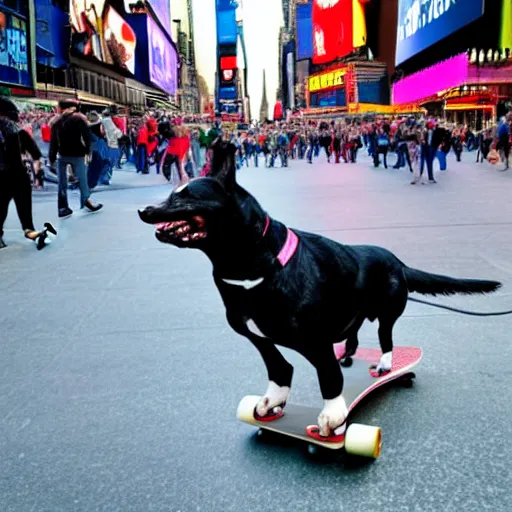 Prompt: dog riding a skateboard in times square