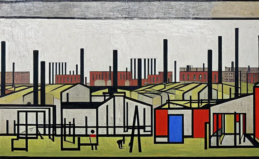 Image similar to geometric painting of industrial buildings surrounded by undergrowth by l. s. lowry