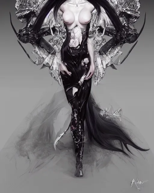 Image similar to Anime demon girl wearing haute couture by 'alexander mcqueen', art of ‘B.c.N.y.’ and artgerm and wlop, elegant, ominous, concept art, digital painting, highly detailed, intricate, trending on artstation