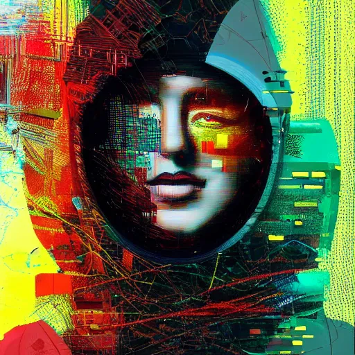 Prompt: portrait of a hooded character wearing a cyberpunk visor, digital ui, by Johannes Itten, by Russ Mills, glitch art, hacking effects, glitch effects, chromatic, color blocking, oil on canvas, concept art, abstract