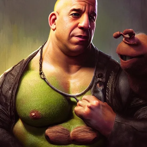 Image similar to Vin Diesel Shakes hands with Shrek, intricate, stunning, highly detailed, digital painting, artstation, concept art, smooth, sharp, focus, illustration, art by artgerm and greg rutkowski and alphonse mucha