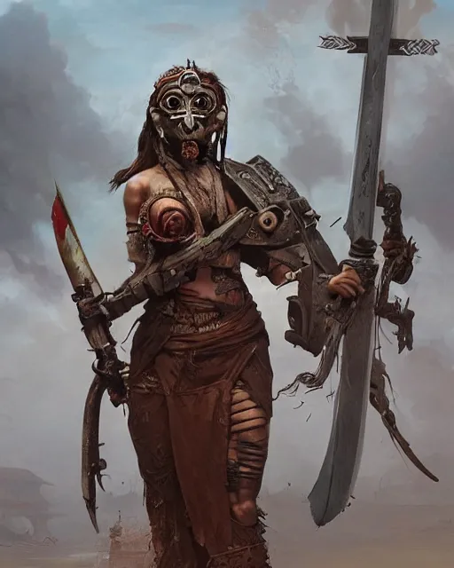 Image similar to hyper realistic photo of postapocalyptic indonesian death cult monk cyborg girl with indonesian demon mask, sword and shield, robot familiar, full body, cinematic, artstation, cgsociety, greg rutkowski, james gurney, mignola, craig mullins, brom