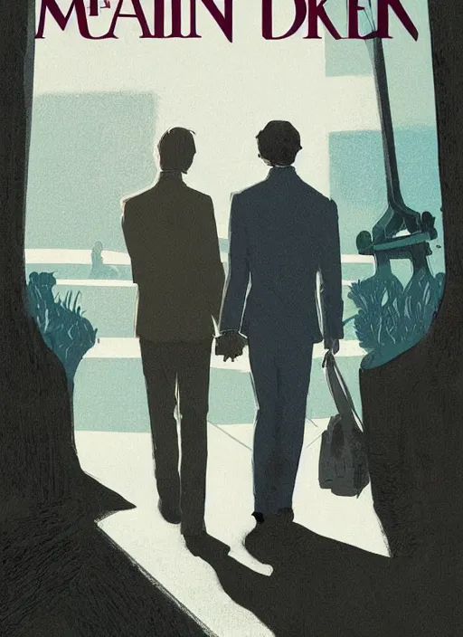 Prompt: portrait of Mads Mikkelsen!!!!! and Hugh Dancy!!!! holding hands romantically as they chaperone school dance by Michael Whelan, Bob Larkin and Tomer Hanuka, simple illustration, domestic, nostalgic, clean, full of details, by thomas kinkade, Matte painting, trending on artstation and unreal engine, New Yorker magazine cover