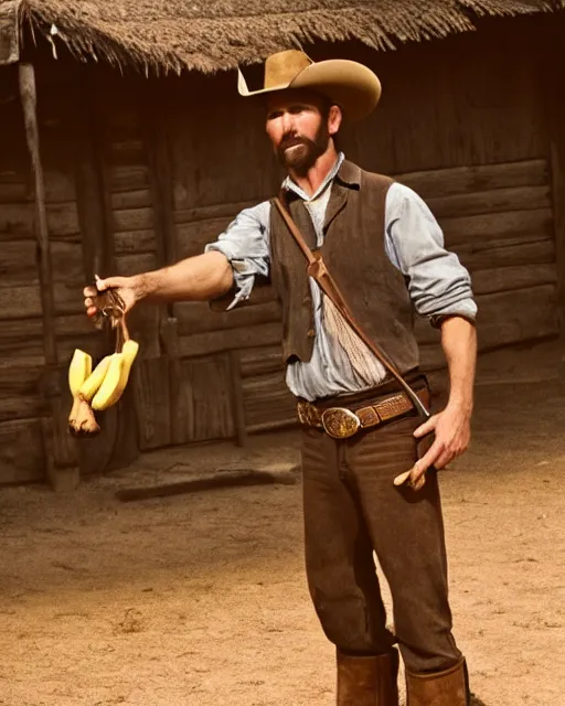 Prompt: A cowboy holding a banana, wild west duel, cinematic