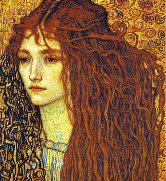 Image similar to detailed realistic beautiful young medieval queen face portrait by jean delville, gustav klimt and vincent van gogh, art nouveau, symbolist, visionary, gothic, pre - raphaelite, muted earthy colors, desaturated