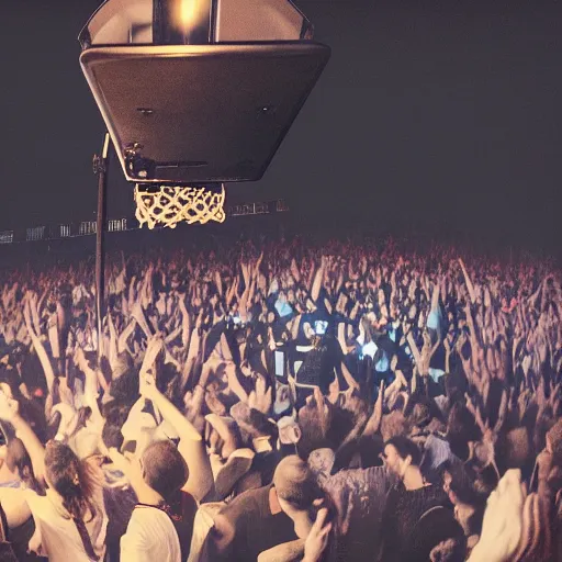 Prompt: photorealistic render of an old school hip hop concert taking place on a basketball court at night behind a large brick apartment from the view of a rapper that is standing on stage yelling into the mic looking out into a crowd of people dancing with their hands in the air, a dj with audio equipment at the back of the stage, octane render
