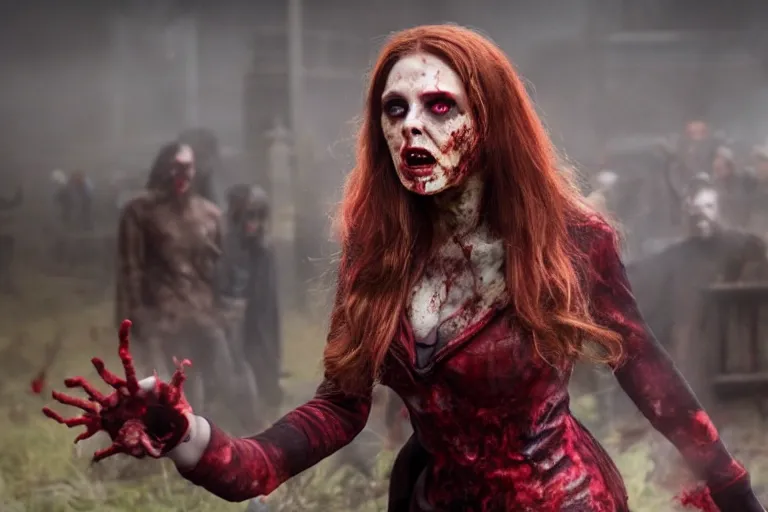 Image similar to film still of zombie zombie Scarlet Witch as a zombie in new avengers movie, 4k