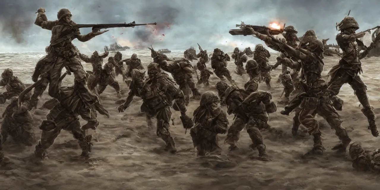 Image similar to fantasy soldiers jumping onto beach from landing craft, explosions and magic, cinematic