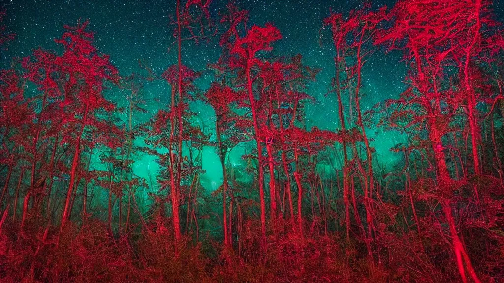 Image similar to (((psychedelic))) 8k ultra realistic night time photography of a mystical cosmic night sky with red smoke and a perfect huge full moon, A glimpse through a small gap in the dark green foliage and overgrowth and the trees of the huge gibbous full moon over water in a dark sky. wreathed in red smoke!!!, starlight, night-time, dark enclosed, cozy, quiet forest night scene, spangled, cosmic