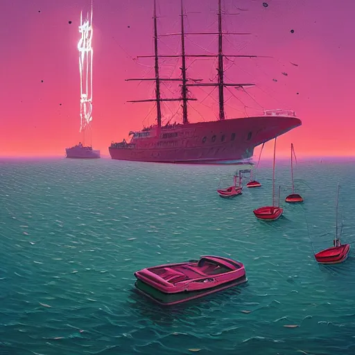 Image similar to psychedelic yacht party by simon stalenhag