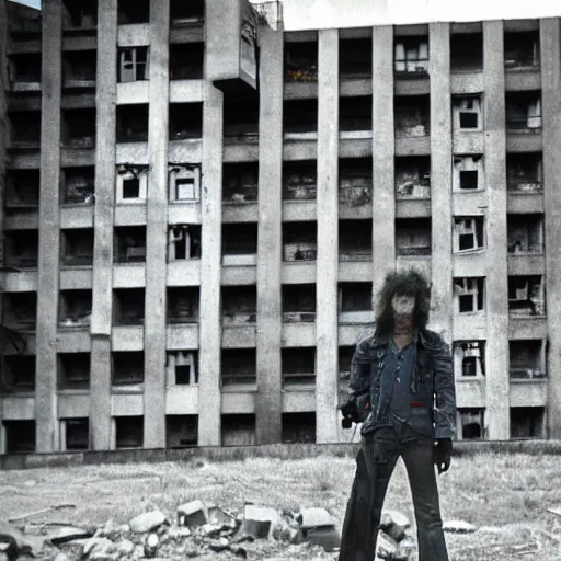 Image similar to brutalist buildings, rundown buildings, orwellian dystopia, totalitarian murals on building walls, hooligans with shaggy hair and blue suits, 1 9 7 1 cinematic, 8 mm photo lens, kodak