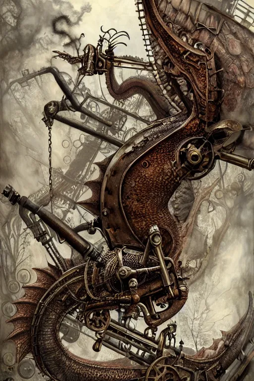Image similar to hyper realistic old dying dragon lying down with steam punk apparatus on its back, white background, full frame, art byjon foster
