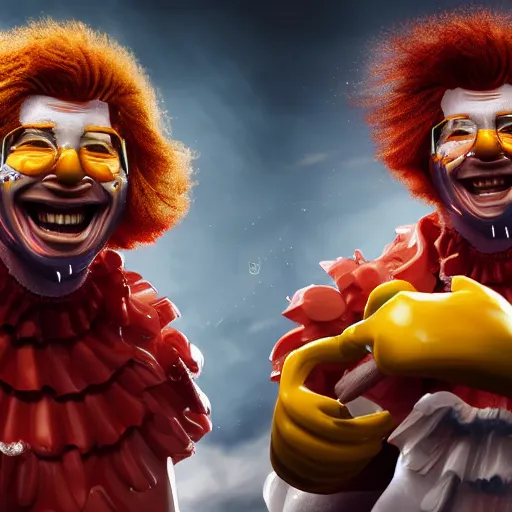 Image similar to Hyperrealistic ultradetailed digital art of Ronald McDonald and the Burger King fighting , realistic, detailed lighting, cinematic, trending on artstation and 500px and behance