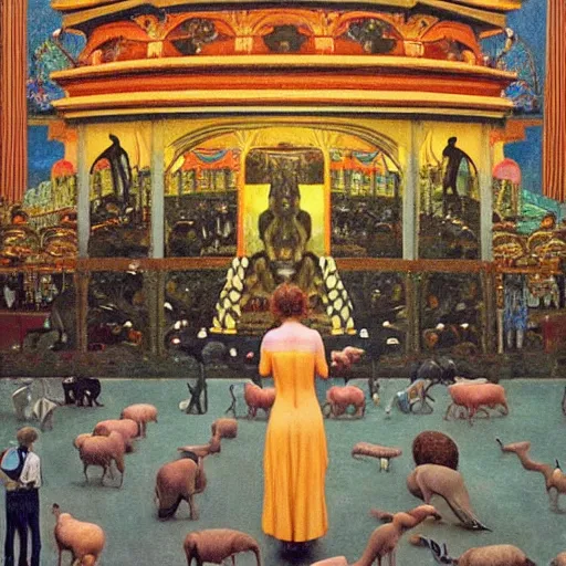 Image similar to a procession of animals in a giant temple, hyperrealistic film still by gottfried helnwein, by klimt, by paolo uccello, art nouveau, highly detailed, lights by edward hopper, liminal, eerie, metaphysical, bright pastel colors,