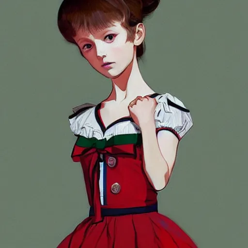 Image similar to little girl wearing an gucci's outfit. art by ilya kuvshinov, inspired by balthus, highly detailed, 8 0 s anime art style, realistic,