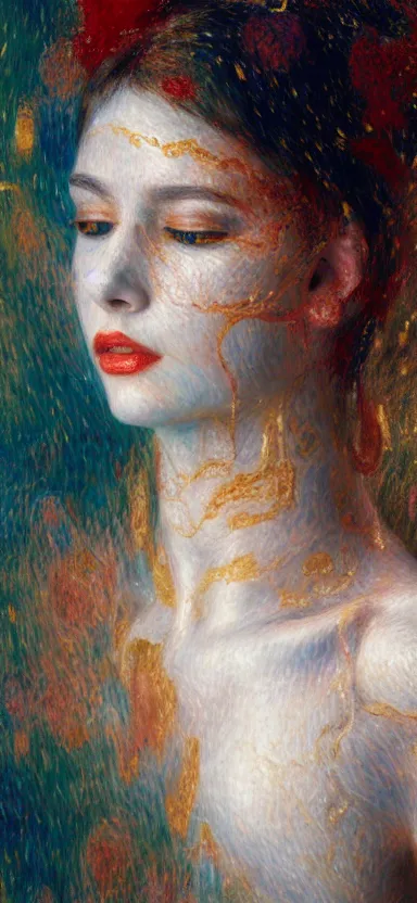 Prompt: abstract highly detailed female sculpture portrait made of white marble and red crystals quartz, ethereal lights, fine details, artstation, film still, rim light, cinematic photoshooting, luxury, 8 k, intricate golden filigree, octane render, hypperrealistic painting, abstract liquid acrylic art by renoir and monet
