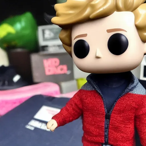 Image similar to a 21 year old skinny white guy with no beard and black hair in a navy blue sweater , jeans and grey new balance shoes funko pop close up highly detailed photo