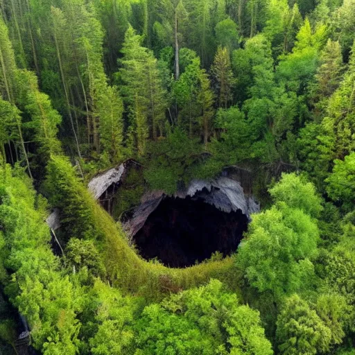 Image similar to a large sinkhole in the middle of a forest, aerial view, creepy