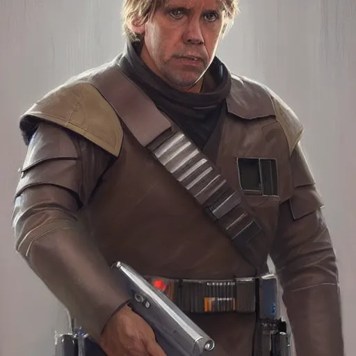 Image similar to portrait of a man by Greg Rutkowski, Commander Luke Skywalker from Star Wars Expanded Universe, he is about 60 years old, wearing tactical gear of the Galactic Alliance, highly detailed portrait, digital painting, artstation, concept art, smooth, sharp foccus ilustration, Artstation HQ