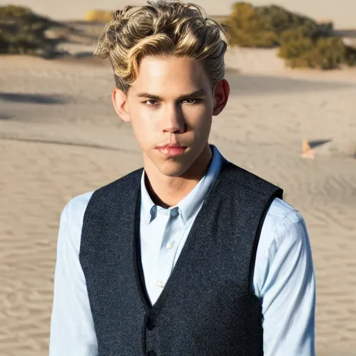 Image similar to Portrait photo of adult Austin Butler with exposed dark-hair head, dressed in grey-prussian blue Tudoresque-Gigeresque casual garb, and griffin-embroidered nanocarbon-vest, in an arena in Dune 2021, XF IQ4, f/1.4, ISO 200, 1/160s, 8K