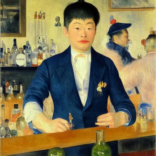 Prompt: portrait of a male bartender, chinese, muscular, brushed - back hair, half - robot, navy zhongshan suit, light blue ascot, monocle, in a bar lit by gold and silver neon lights, manet, renoir, impressionist