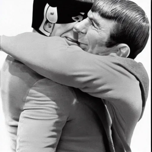 Image similar to Captain James T. Kirk and Spock from Star Trek(1966), hugging each other