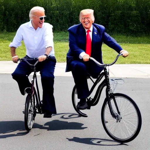 Prompt: joe biden and donald trump drunkenly riding a tandem bike together, laughing and joking,