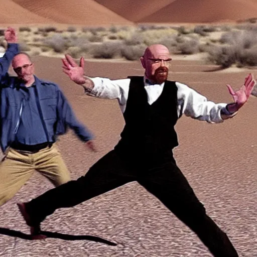 Prompt: Walter White doing the nae nae dance in the desert, highly intricate, highly detailed, cinematic,