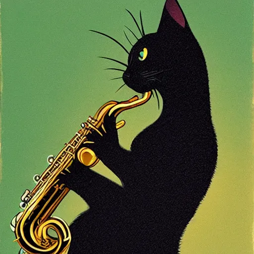 Prompt: a black cat playing saxophone