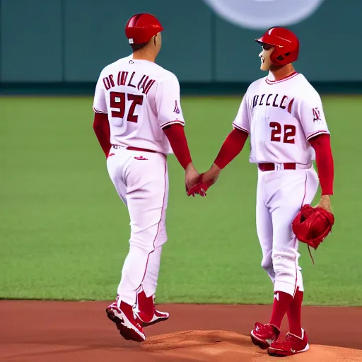 Image similar to mike trout and shohei ohtani holding hands and ascending towards the sky, drawing in the style of a new yorker cartoon