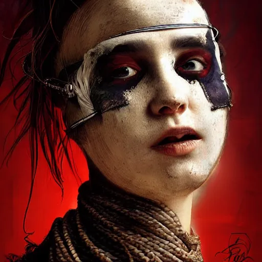 Image similar to portrait of a Shibari rope wrapped face and neck, headshot, insanely nice professional hair style, dramatic hair color, digital painting, of a old 18th century, tourist, wrap around eye patch, amber jewels, baroque, ornate clothing, scifi, realistic, hyper detailed, child, chiaroscuro, concept art, art by Franz Hals and Jon Foster and Ayami Kojima and Amano and Karol Bak,