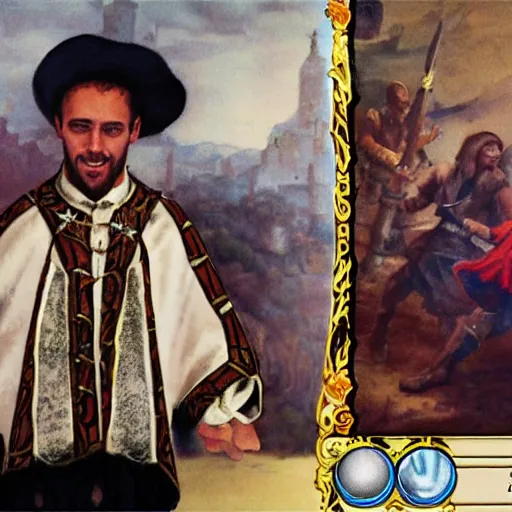 Image similar to magic the gathering card of a man wearing traditional aragonese folk costume