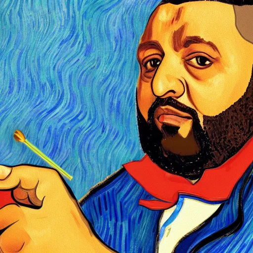 Image similar to ultra realistic portrait of dj khaled in a studio, ultra detailed, under blue, red and yellow cinematic lighting, by van gogh, cartoon