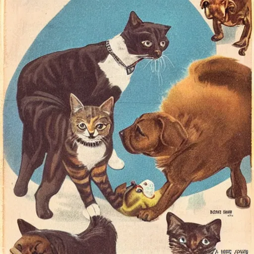 Prompt: cats and dogs, Vintage Magazine Illustration