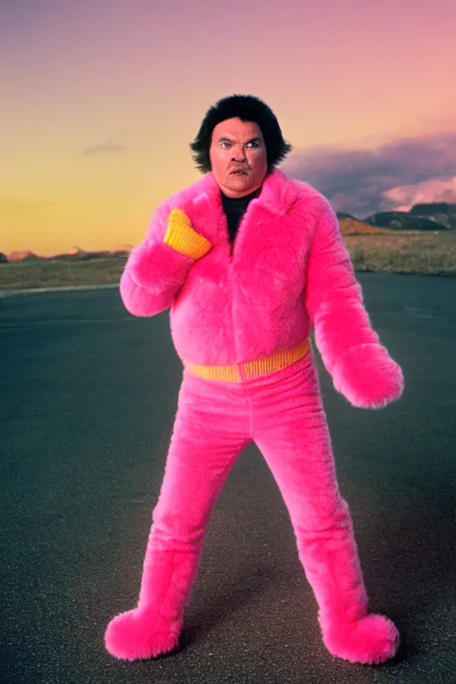 Prompt: 1 8 mm f 1 6 wide shot full body portrait photography of a worried man wearing pink and yellow fur mittens who looks like a mix of lou diamond phillips and jack black wearing a retro alien invasion movie costume from the 1 9 6 0 s, photo by gregory crewdson