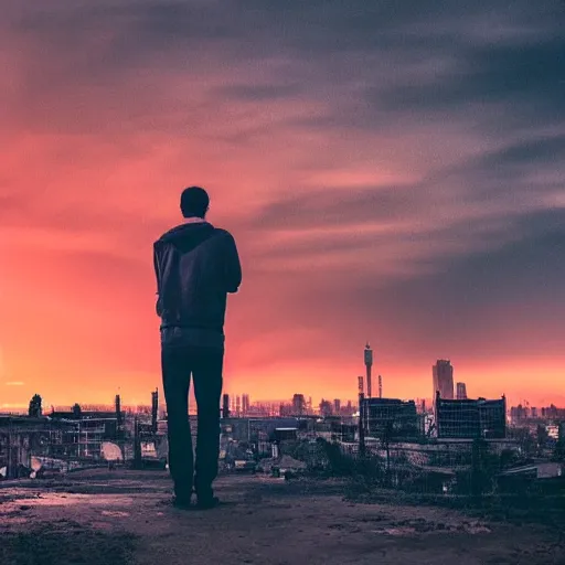 Prompt: man watching post apocalyptic city with burning red sky