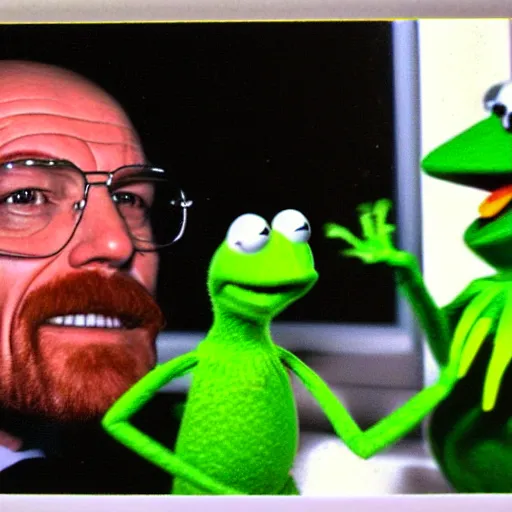 Image similar to Walter White fighting Kermit the Frog, polaroid photo with flash, eerie