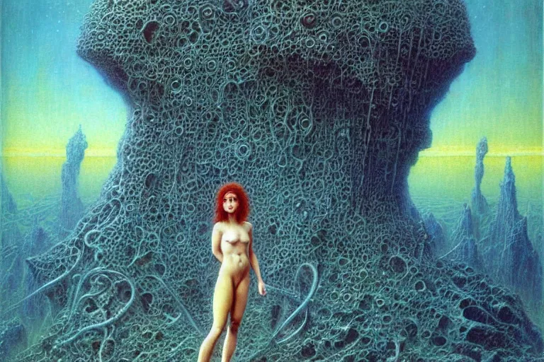 Image similar to cute young alyson hannigan with short hairs on lovecraftian planet by jean delville by luis royo and wayne barlowe, beksinski