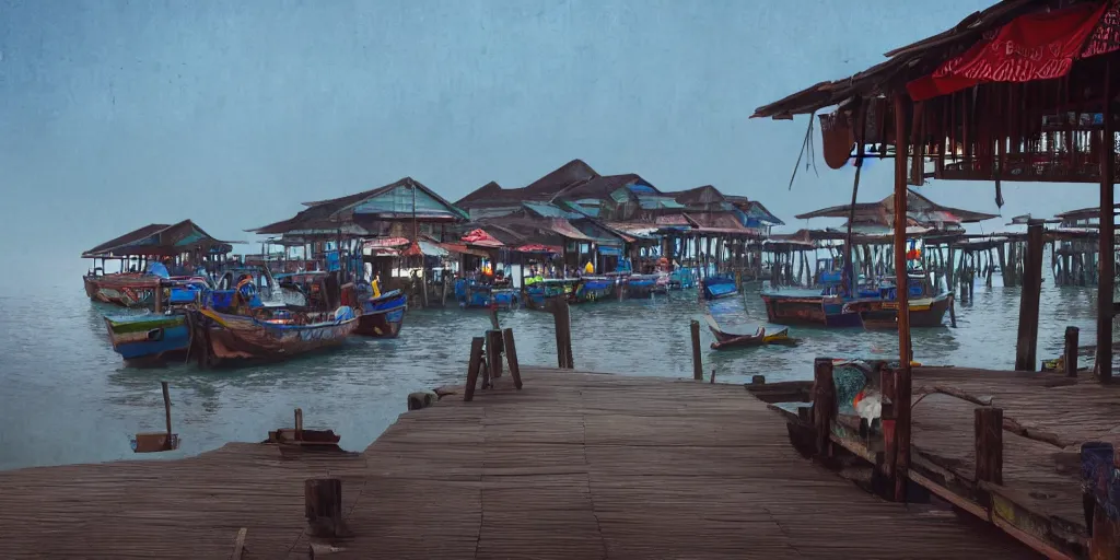 Image similar to shops at pulau indah fishing village, near a jetty, early morning, detailed matte painting, low angle view, telephoto lens, bokeh, hayao miyazaki, artstation